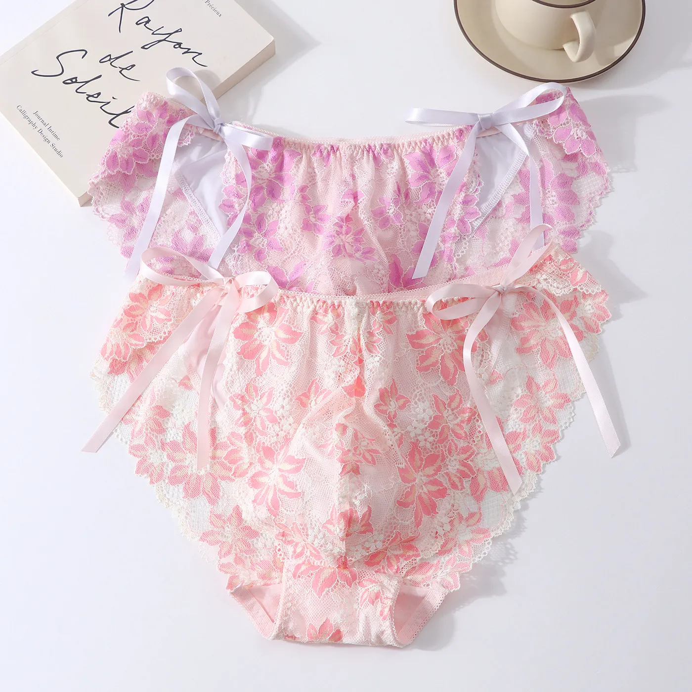 Spring New Man's Pink Lace Floral Bowtie Cute Brief Panty Live Show Dance Private Party Costume Harajuku