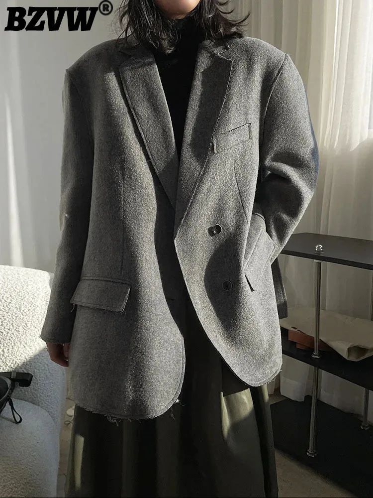 

BZVW Korean Woolen Blazer Women Notched Single Breasted Solid Color A-line Personalized Coat 2024 Autumn New Clothing 25A8452