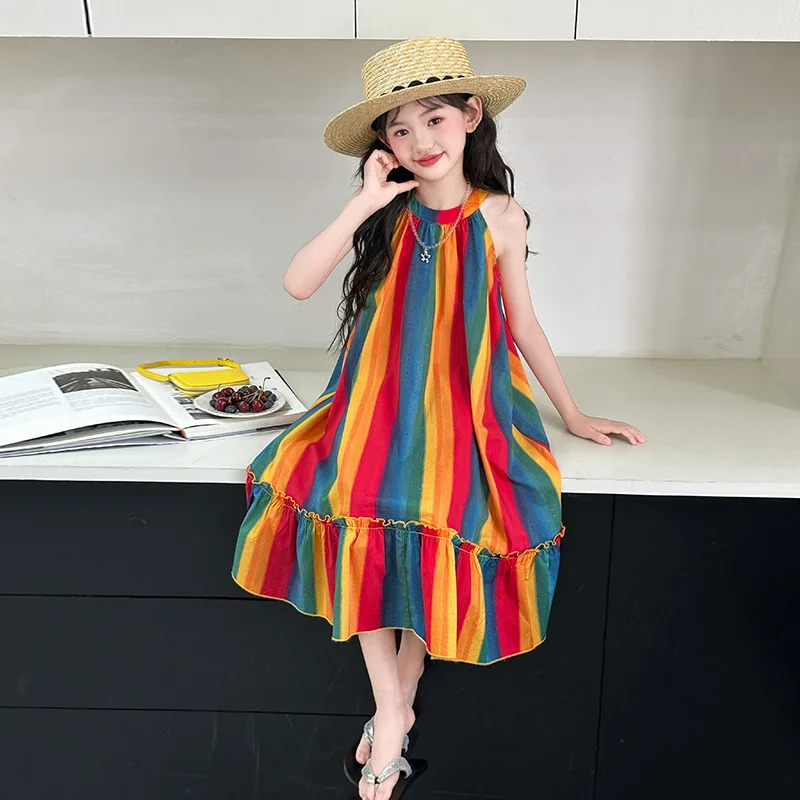 

Girls' Summer Thin Neck Dress 2025 New Children's Fashionable Color Strip Sleeveless Vest Skirt Princess Skirt