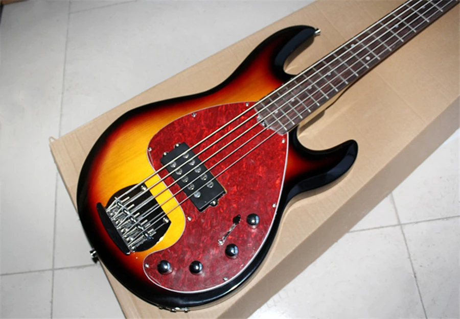 Flyoung 5 Strings Glossy Electric Bass Guitar with Red Pearl Pickguard,Humbucker Pickups,Offer Customize