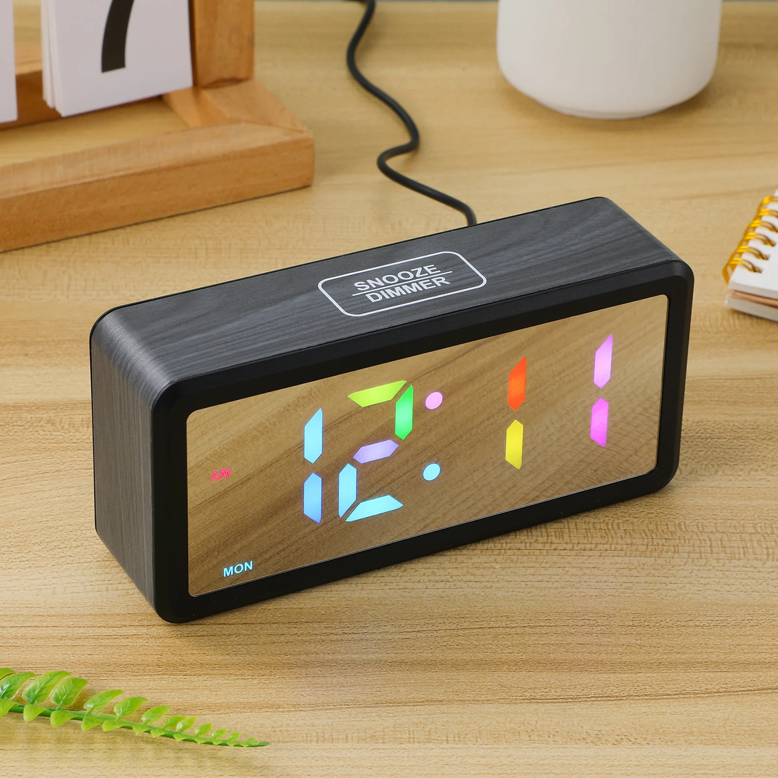 

Elegant RGB Color Changing LED Wood Grain Digital Alarm Clock with Weekday Display and Daylight Saving Time for Bedroom Decor