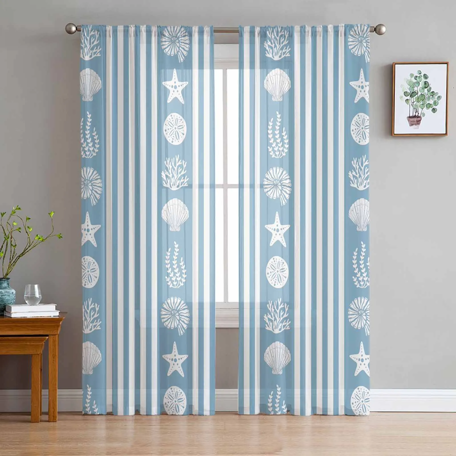 Ocean Striped Starfish Shell Jellyfish Coral Conch Blue Sheer Curtains Living Room Window Curtains Kitchen Tulle Voile Curtains