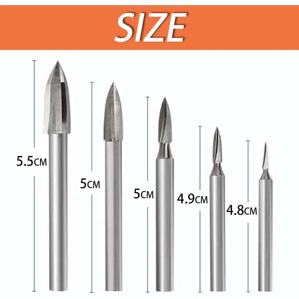 5Pcs Wood Carving Drill Bit HSS Engraving Drill Bit Set Solid Carbide Root Milling Grinder Burr Precise Woodworking Carve Tools