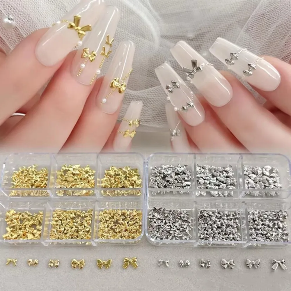 Approximately 150 Pcs DIY Manicure Nail Charms Gold Silver Color Rhinestones Embellished Mini Bow Nail Accessories