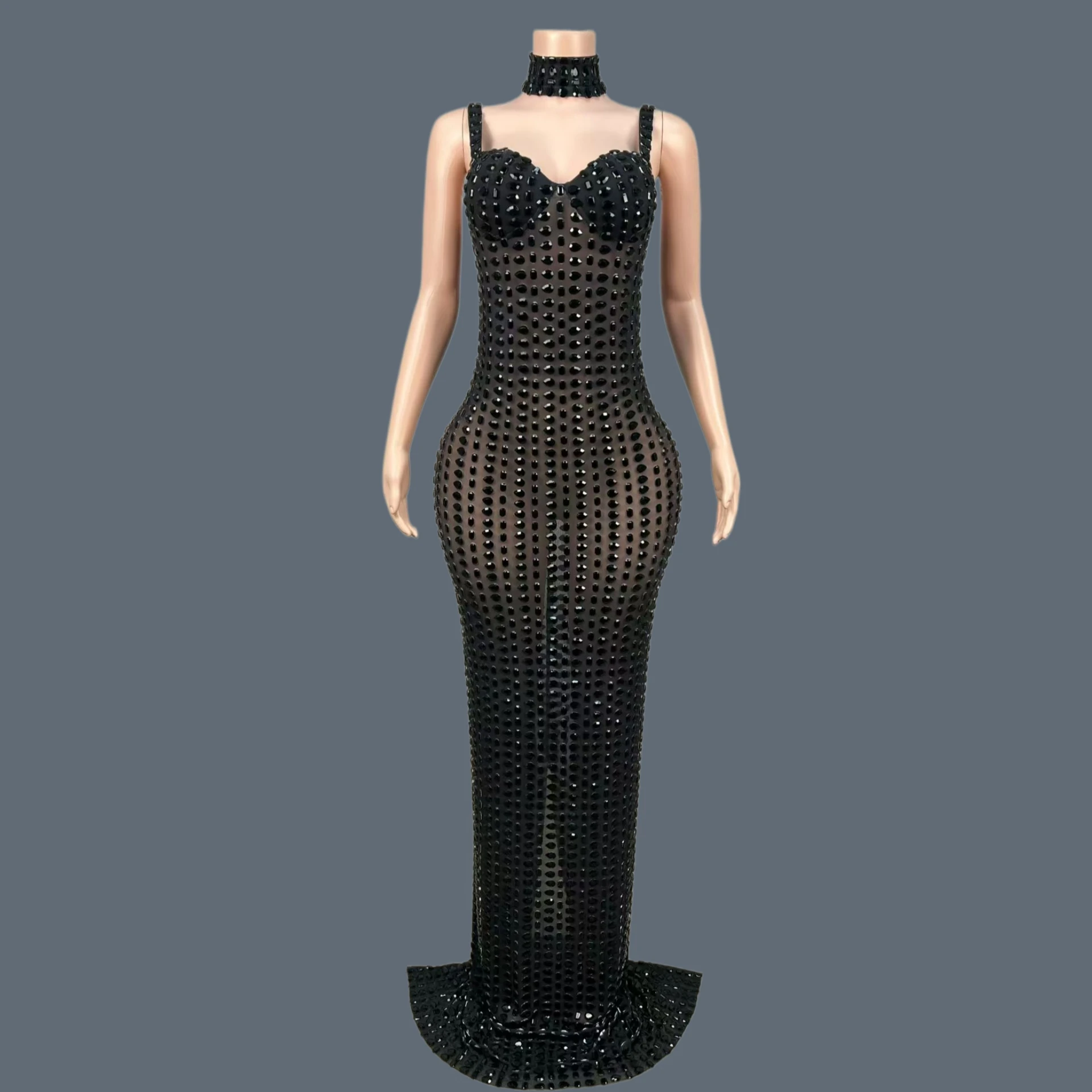 

Attractive Women See Through Mesh Sexy Evening Gown Gala Prom Red Carpet Elegant Sparkly Rhinestone Long Formal Dress Linpian