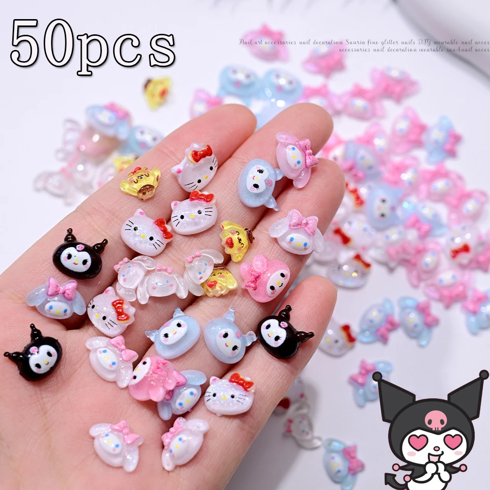 50Pcs Mixed Resin Kuromi HelloKitty Nail Charms 3D Anime Cartoon Character Rhinestones Kawaii Kitty Kuromi Melody Manicure Parts