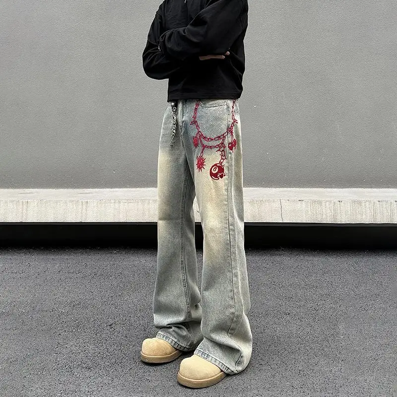 

American retro men and women trend personalized embroidered straight leg washed jeans couple spring and autumn casual pants y2k