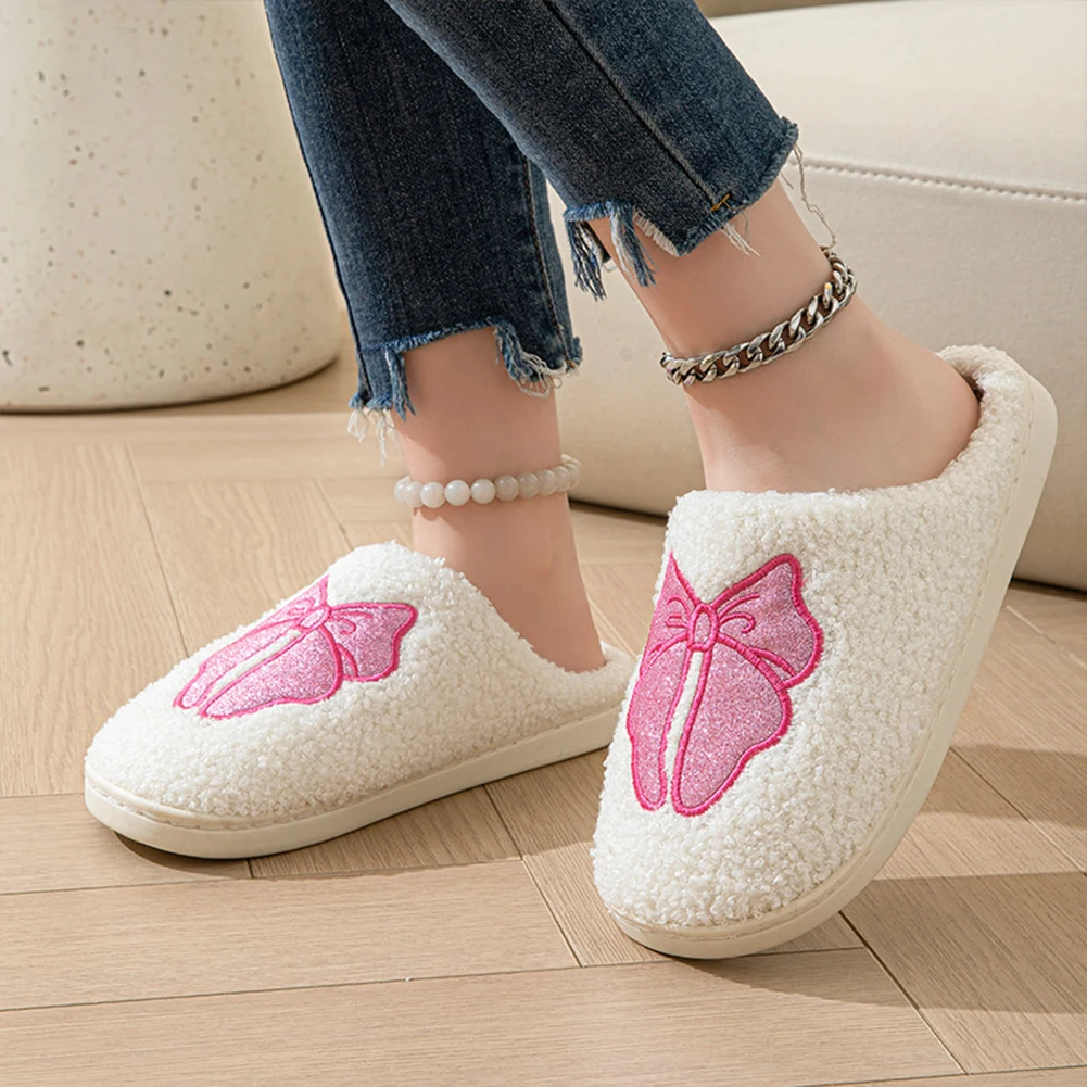 Plush Bow Slippers Non-Slip Cute House Slippers Comfortable Kawaii Furry Slippers Fluffy Bow Slippers for Autumn Winter