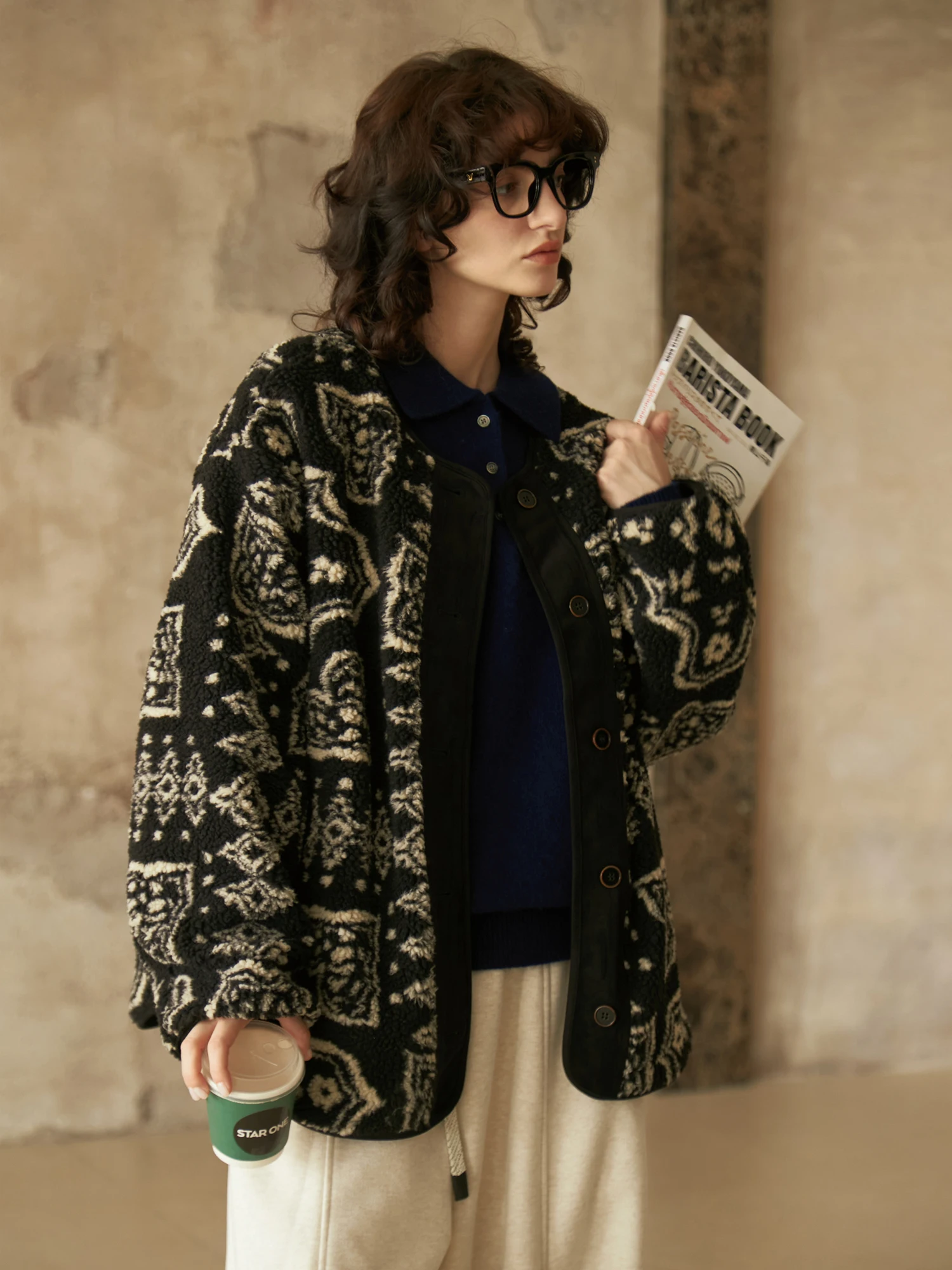 

Vimie Vintage Patterned Faux eepskin Warm Fce Women's Jaet Collarl Coat Plant Floral Geometric Design Long Sve