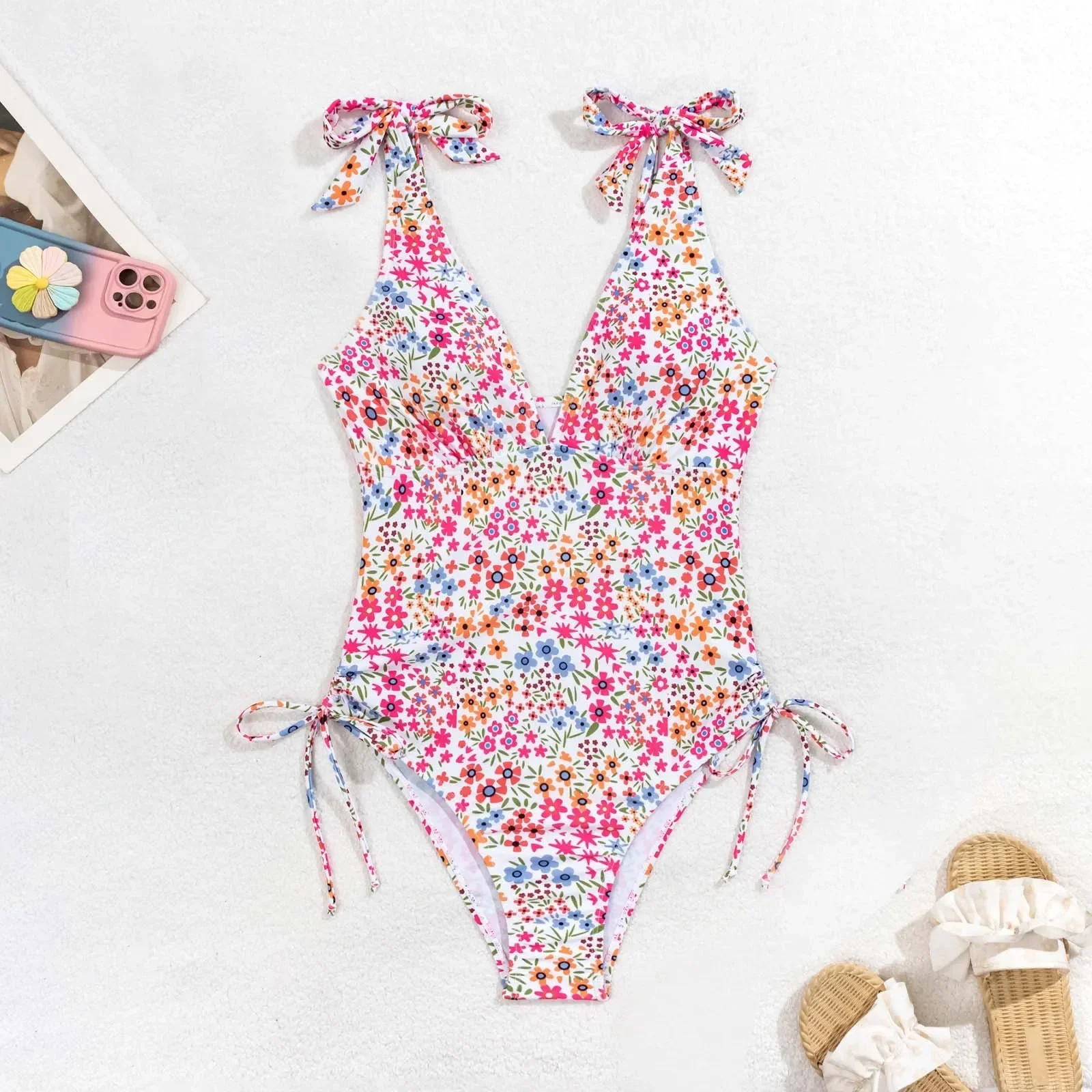 염소 방지 수영복 여성 수영복 섹시한 꽉 끼는 긴 소매 컬러 블록 인쇄 꽃 프린트 타이 사이드 비키니