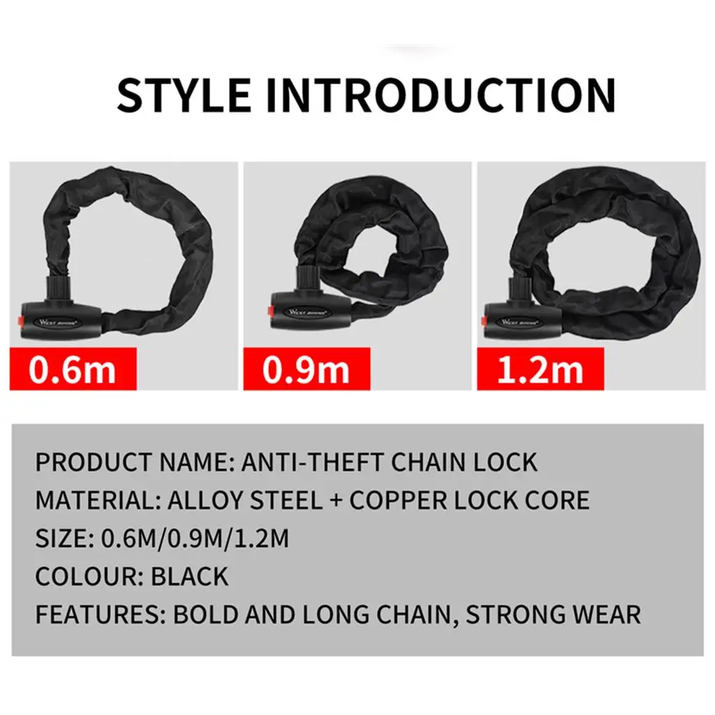 Bike Chain Lock with Keys Iron Anti-theft Security Cable Padlock for Motorcycles Scooters Cycle Gate Fence Safety
