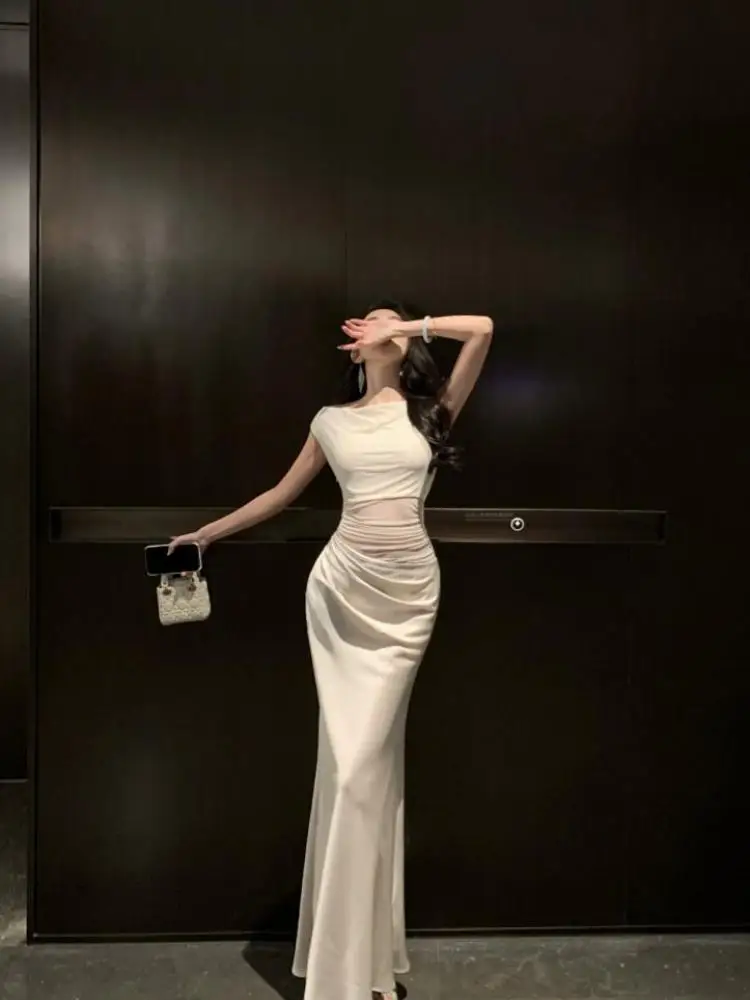 

Summer Beige Patchwork Mesh Elegant Sleeveless Pleated Vest Long Dress Women Grey Round Neck Sexy Club Wrap Hip Dress Simplicity