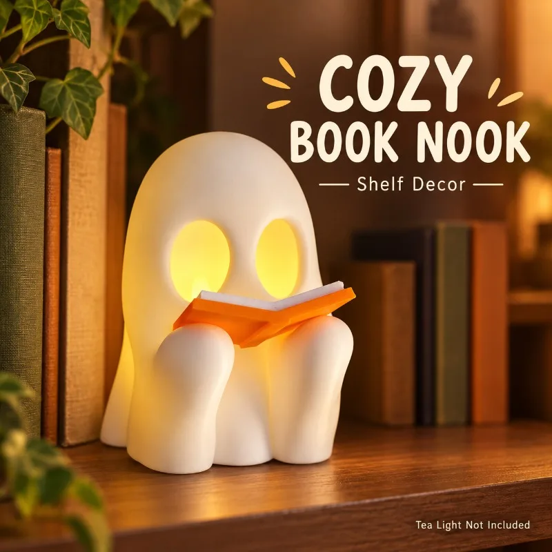 3D Printed Reading Ghost Tea Light Holder, Cute Halloween Book Lover Shelf Decor, Spooky Desk Ornament, LED Light Not Included