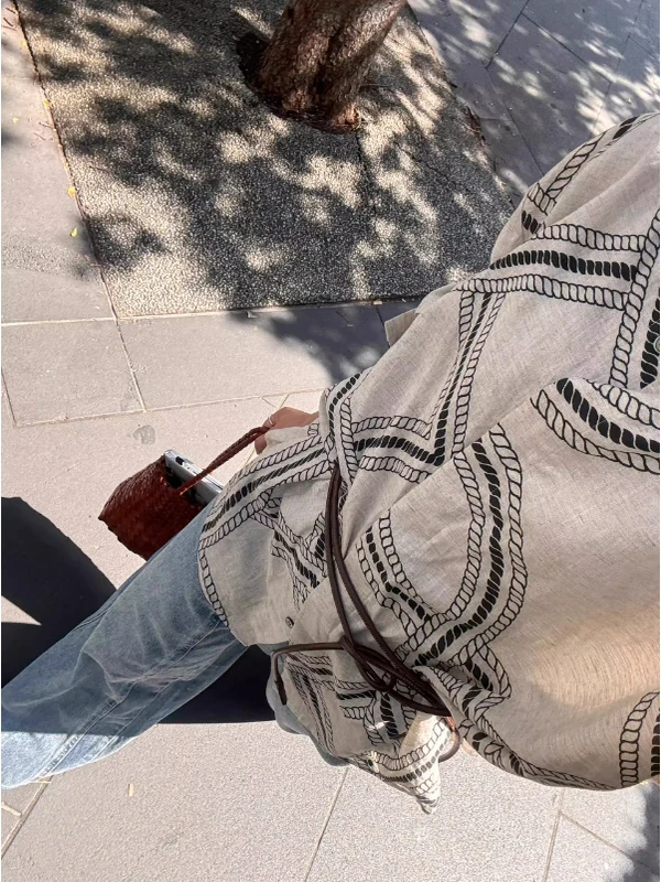 القطن الكتان طويل Sve irt المرأة ربيع الخريف فضفاضة عادية الطوطم طباعة irt خمر Sle مريحة للتنفس #4