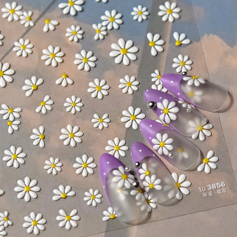 Jelly White Daisy Flower Peach Blossom Yellow Colorful Rhinestones 3D Self Adhesive Nail Art Decoration Stickers Manicure Decals