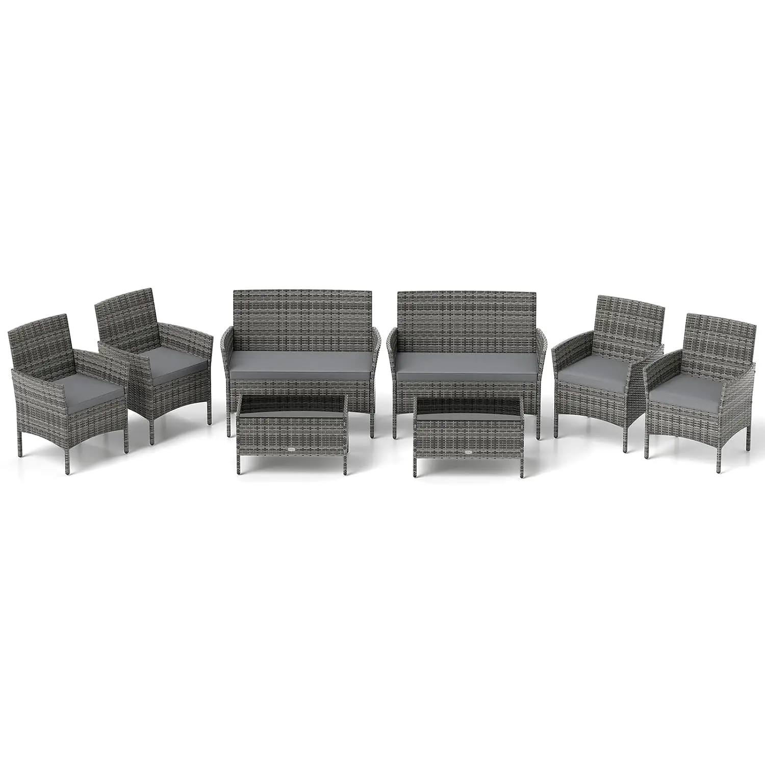 8-Piece Rattan Patio Set W/Cushions, Glass Table, Wicker Chairs & Loveseat For Garden Backyard Porch, Mix Grey, Customized