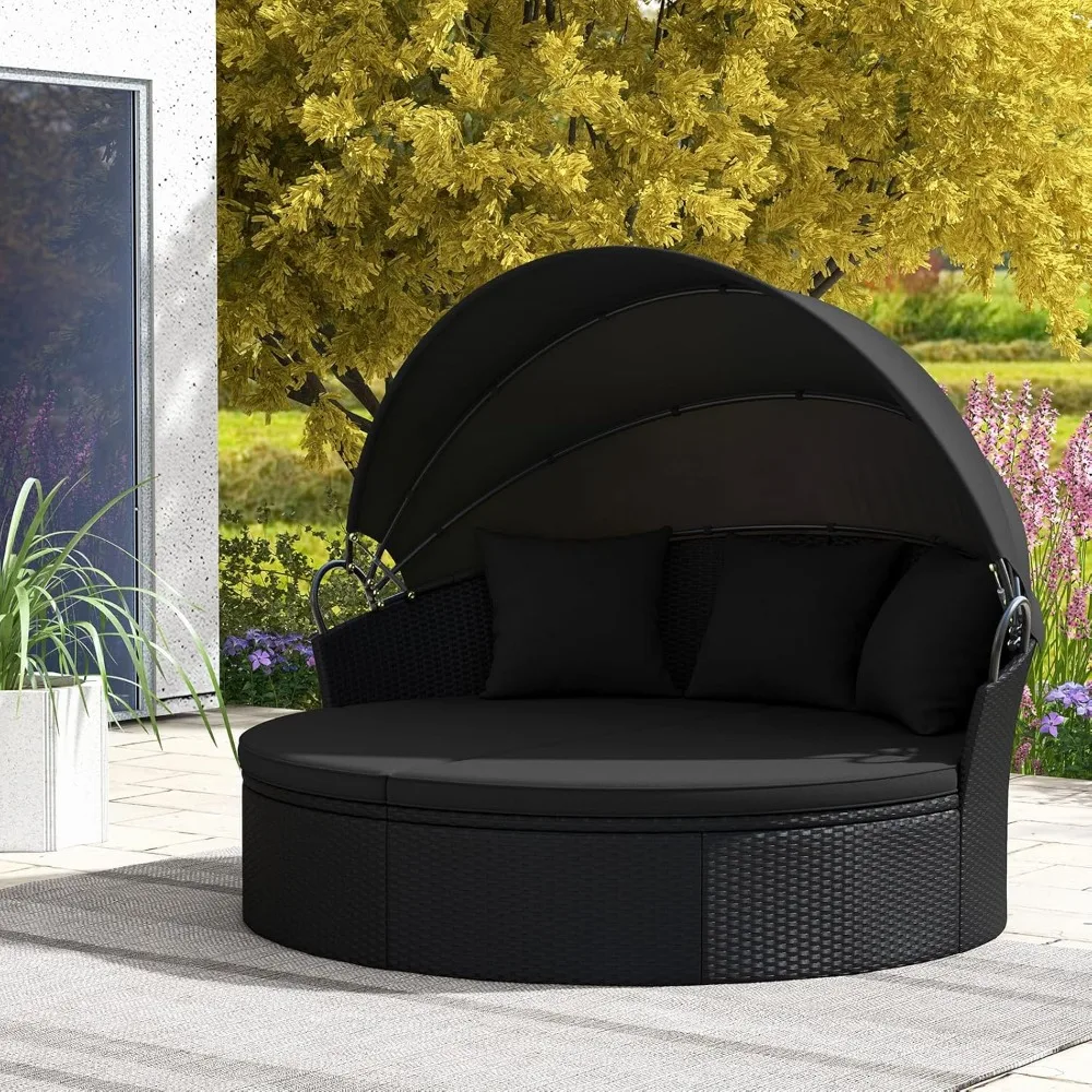 Round Outdoor Daybed with Canopy - Wicker Rattan Sectional Sofa Sunbed w/Cushions & 3 Pillows, Clamshell Conversation Lounger.