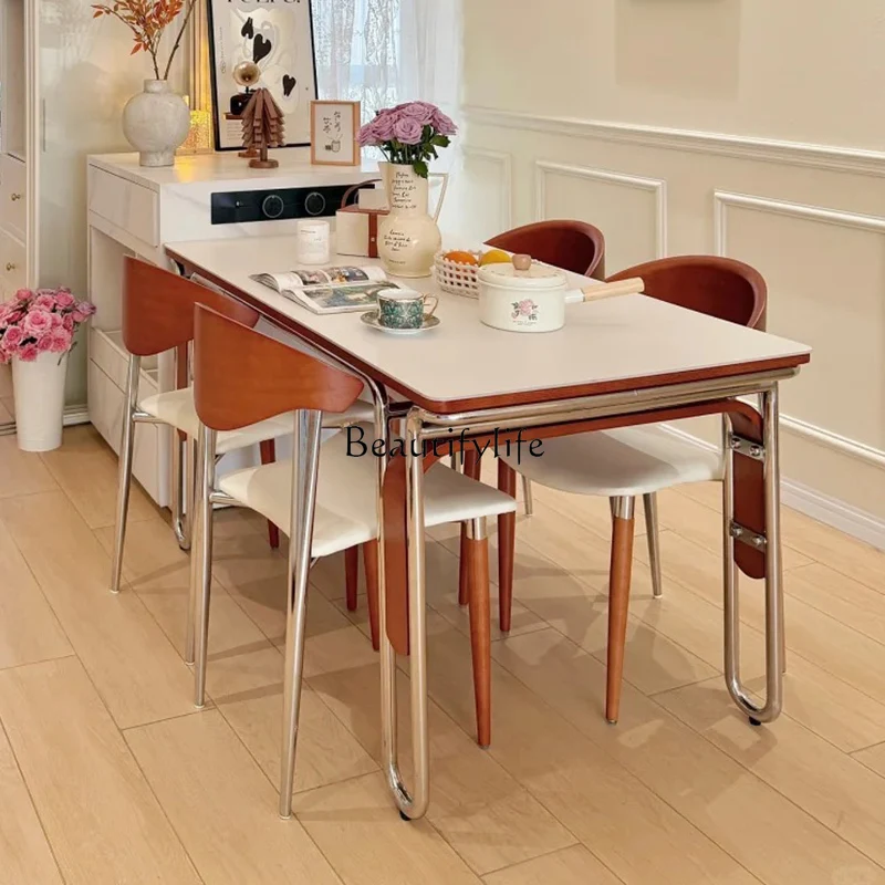 Medieval rock slab dining table Modern simple stainless steel leg dining table Rectangle