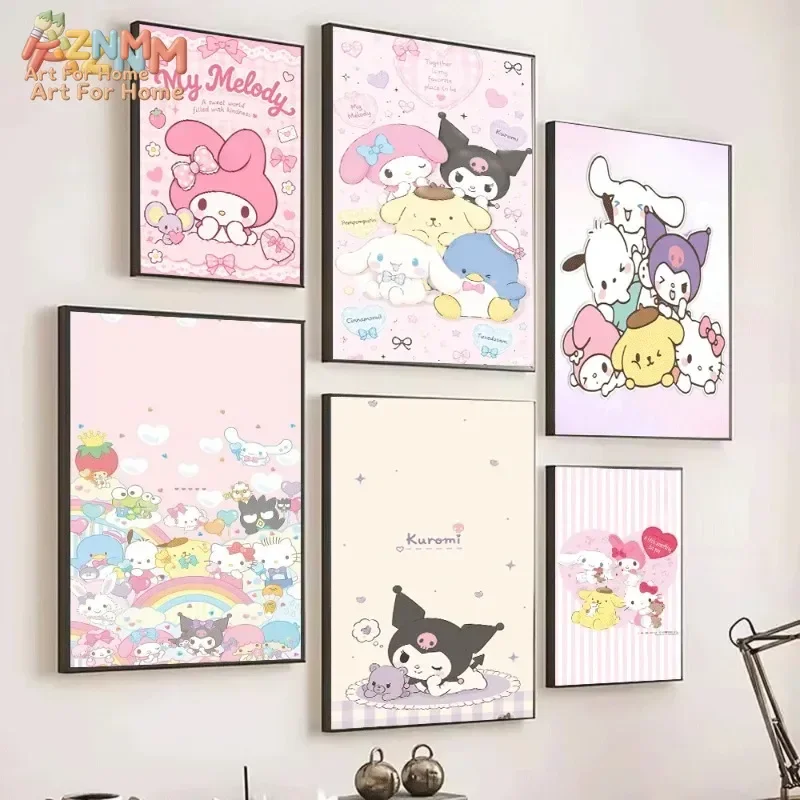 AZNM My Melody Kuromi Cinnamoroll Canvas Poster Kawaii Sanrio Characters Wall Art Print Girls Room Decor Unframed Painting