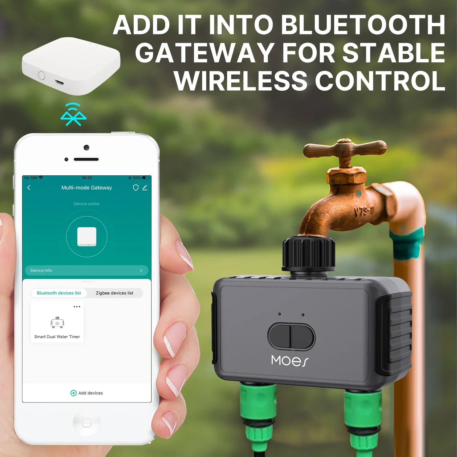 MOES Bluetooth Smart 2-Way Water Valve, Garden Sprinkler, Programmable Timer, Filter, Rain Delay, Automatic Irrigation Control