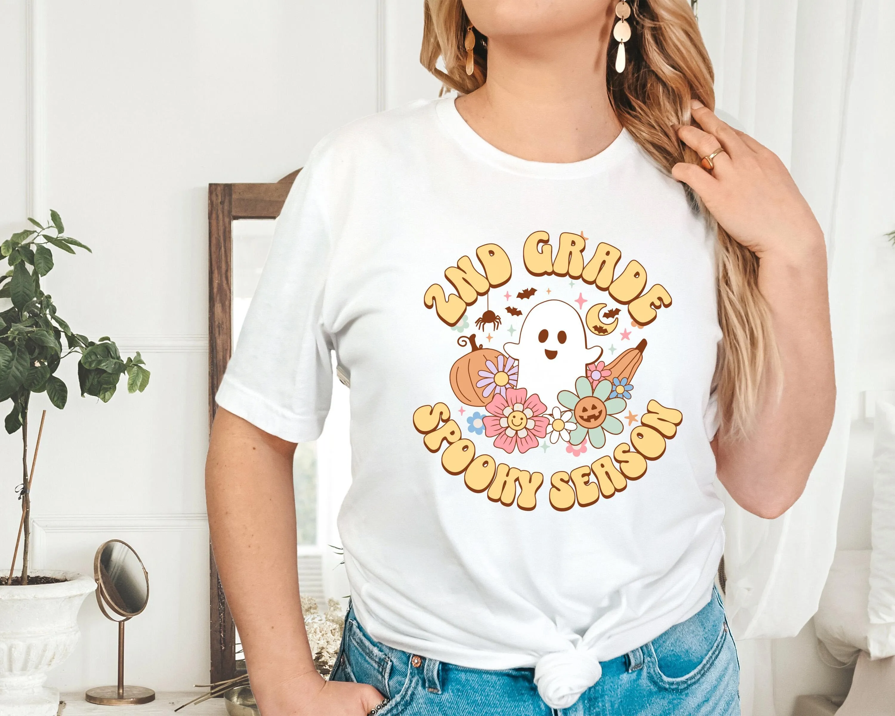 

Halloween Second Grade Teacher T Shirt Happy Cute Ghost Top 2Nd Group Groovy Spooky Season