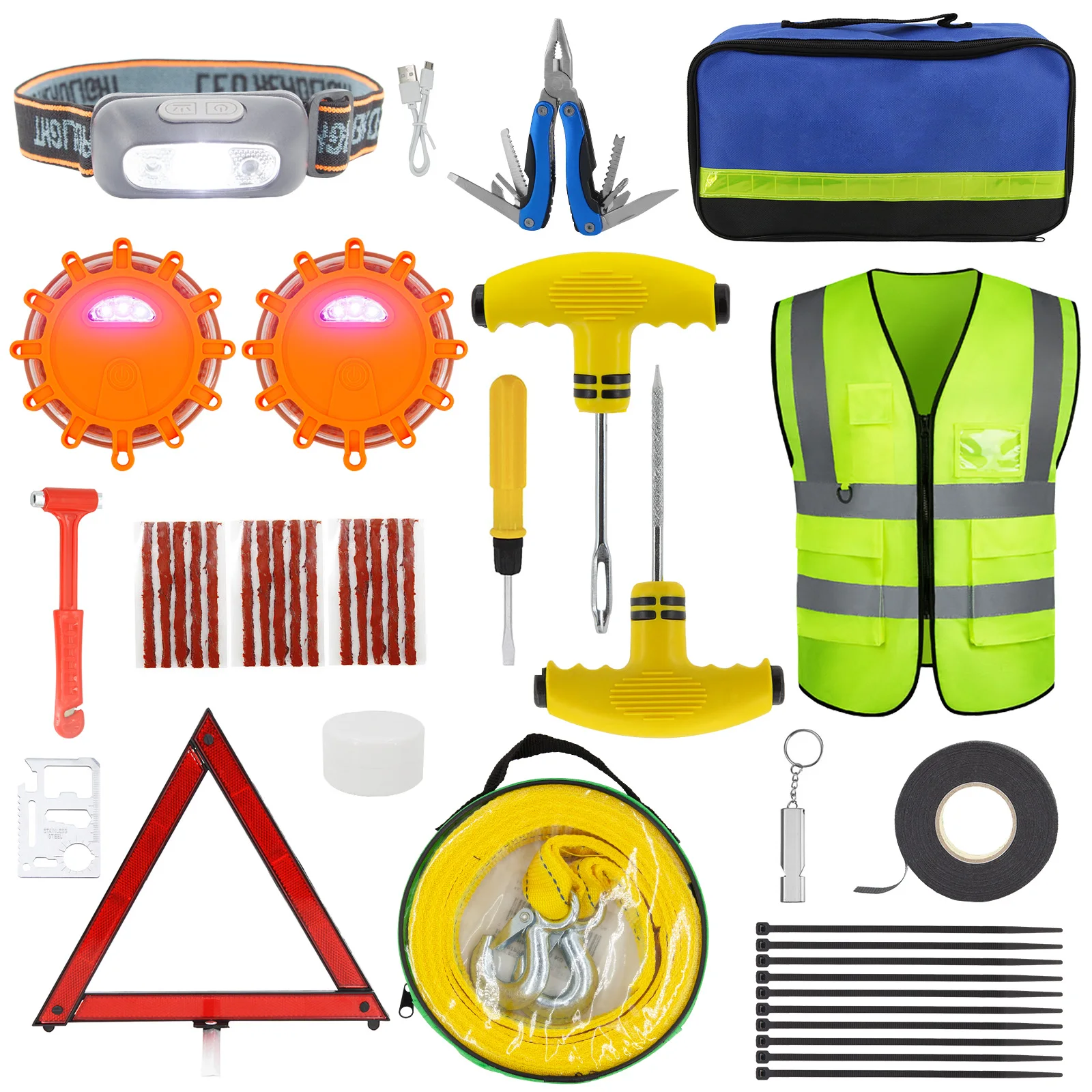 41PC  Roadside Emergency Kit Tire Repair Plierslamp Reflective Vest Triangle Hammer Tape Plugs Essential Safety Assistance Tool