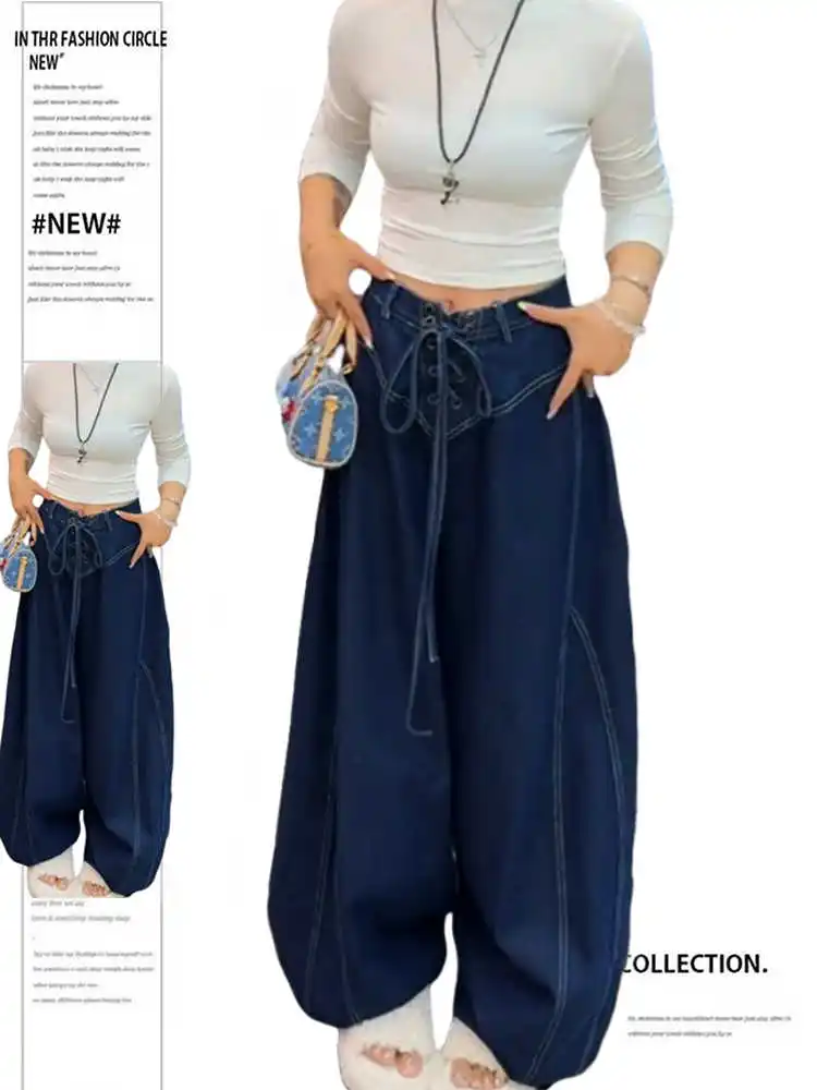 

Women's Baggy Jean Y2k Japanese Grunge Lace Up Hip-pop Wide Fit American Retro Designer Denim Pants Long Trousers Harajuku New
