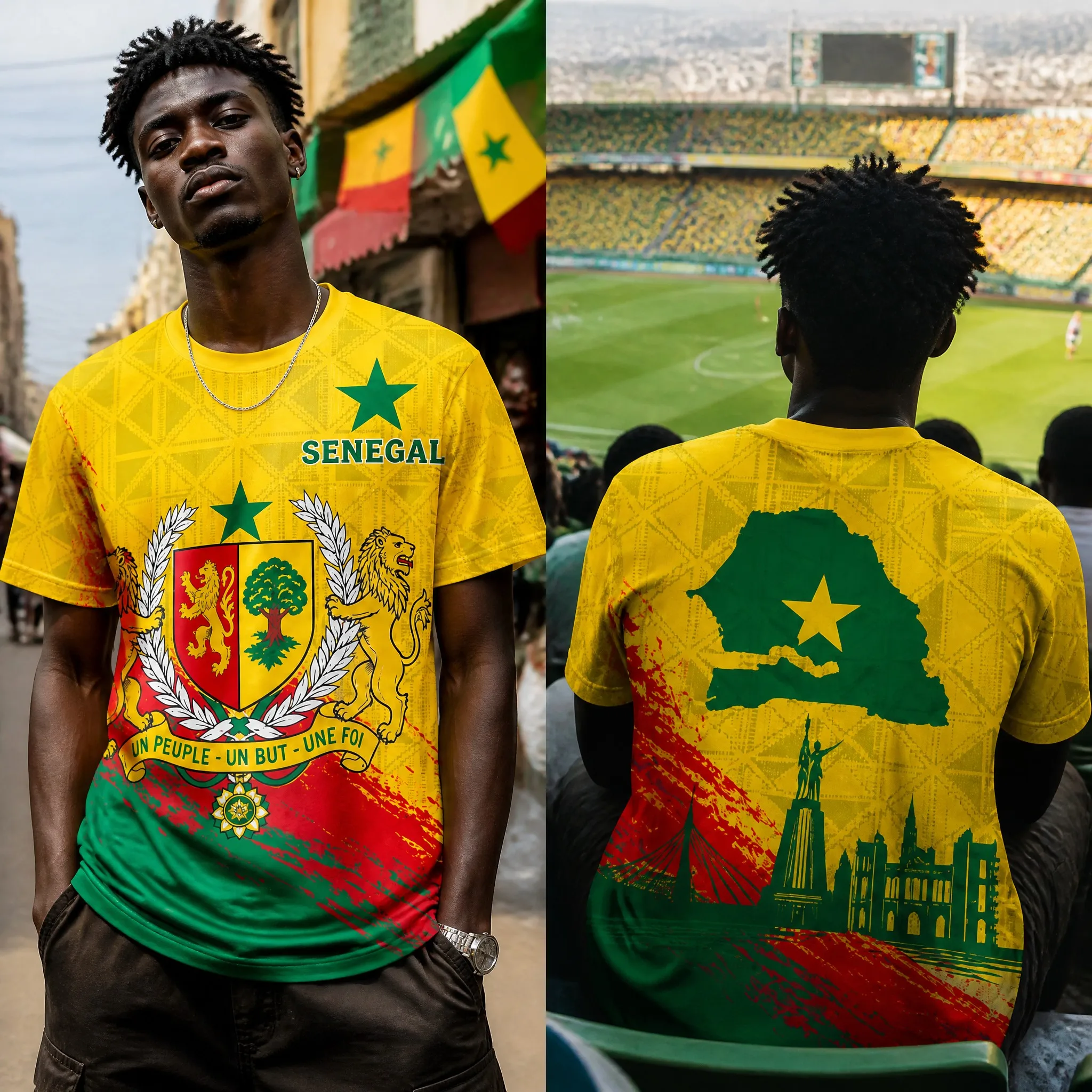 Senegal Mens Crest Map Skyline Graphic Tee Yellow Short Sleeve Fan Shirt Street Stadium Casual Heritage Pride Top Casual Daywear