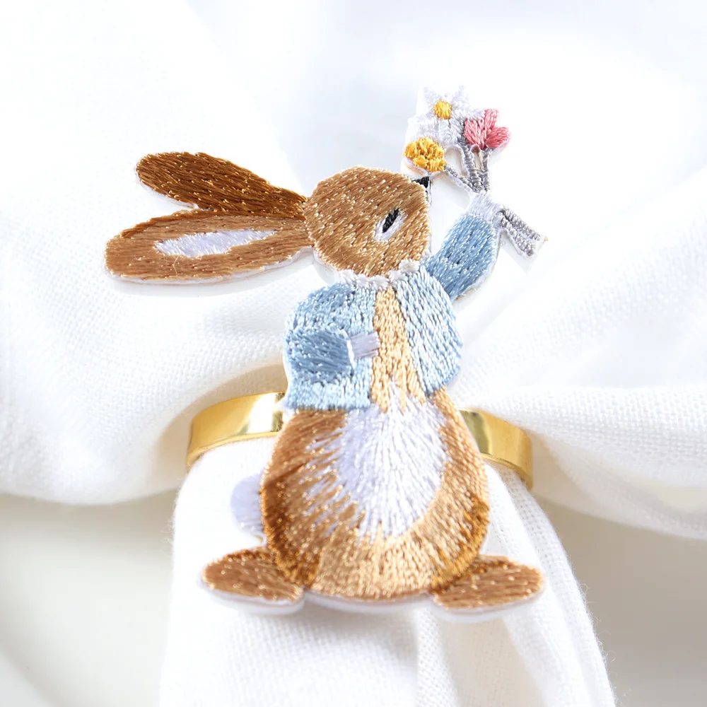 Easter Color Embroidery Rabbit Napkin Ring Bunny Easter Napkin Carrot Rabbit Ring Napkin Buckle Spring Flower Happy Easter Day