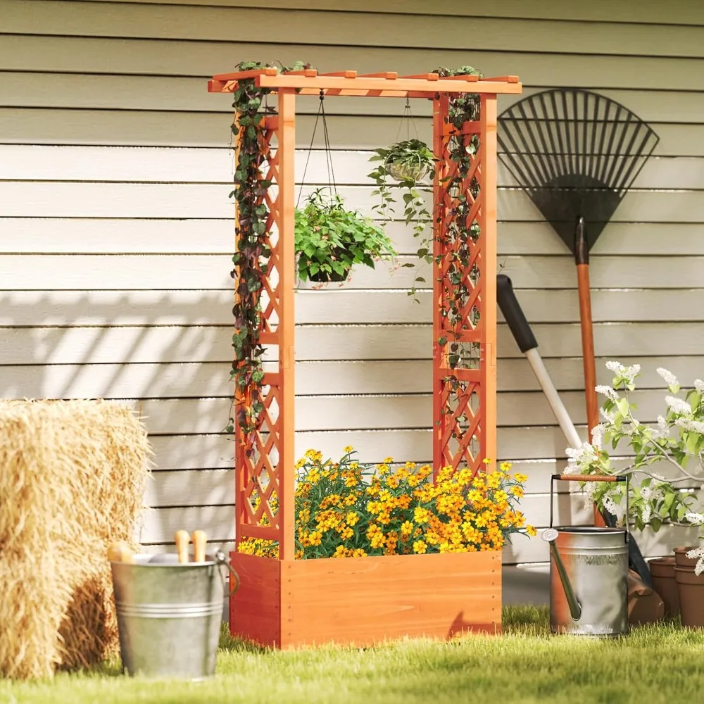 Raised Garden Bed with Trellis, Wood Planter Box, Hanging Roof, Drainage Holes, for Climbing Plants, Indoor Outdoor