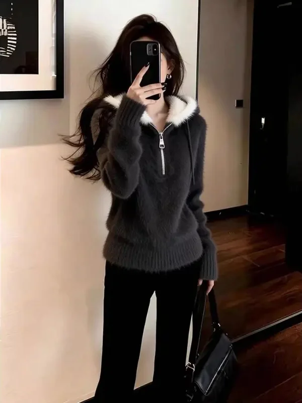 

Модный, удобный, глубокий воротник-стойка, женский свободный вязаный свитер с капюшоном, дышащий, с длинными рукавами, для повседневной носки