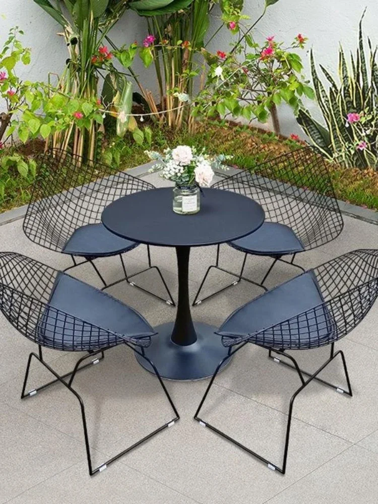 Outdoor Desk-Chair Combination Simple Courtyard Balcony Reception Internet-Famous Iron round Table Grid Chair Leisure Matching