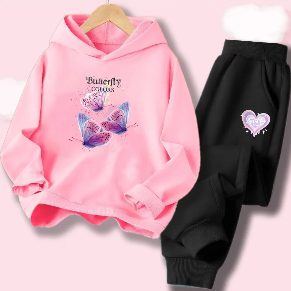 Mädchen-Zweiteiler-Set, süßes Sweatshirt mit Schmetterlingsmuster und Kapuze + Jogginghose, dünner Kapuzen-Trainingsanzug für Kinder, Frühling/Herbst.