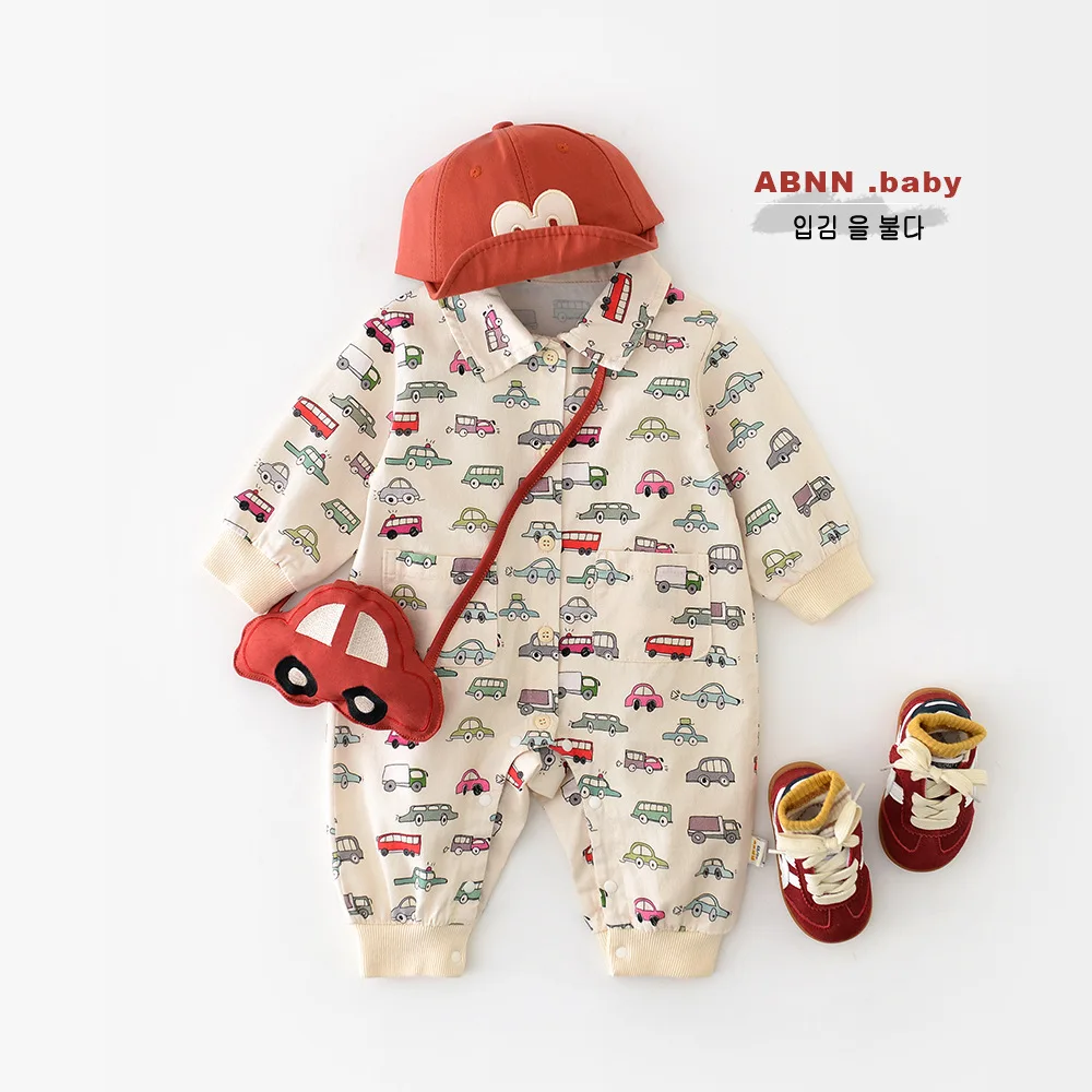 

2025 Autumn Infant Baby Boy Rompers Car-themed Cartoon Newborn Boys Bodysuits Turn-down Long Sleeves Collar Toddler Boy Jumpsuit