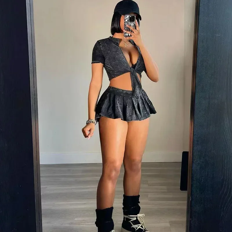 مجموعات طلب نادي الحفلات للنساء مكونة من قطعتين طقم ملابس صيفي برباط علوي وتنورة قصيرة أطقم Conjuntos Para Vestir #2