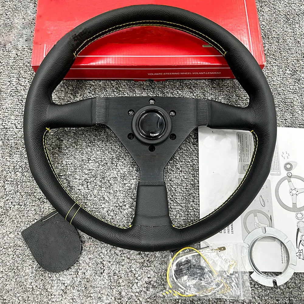 Universal 14 Inch 350mm Flat Lychee Grain Leather Racing Steering Wheel Car Modification Accessories