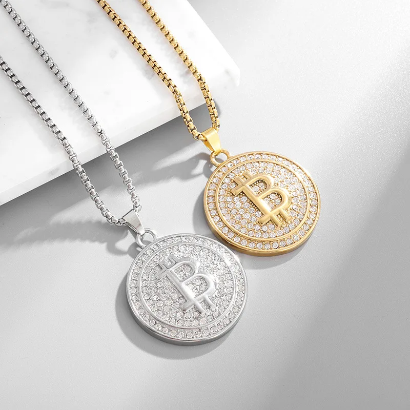 New Iced Out Bitcoin Pendant Necklace Men Hip Hop Bling Rhinestone BTC Crypto Coin Jewelry Golden Silver Color Rope Chain Collar