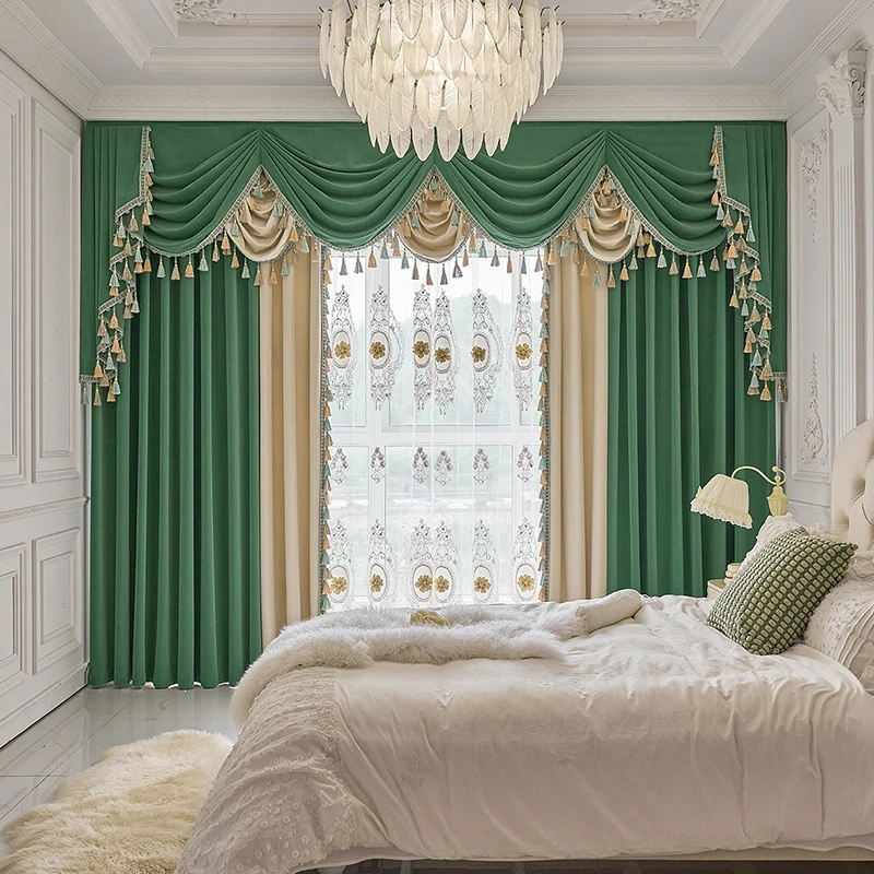 

Custom curtain royal European high-grade thick light luxury velvet villa green cloth blackout curtain tulle valance drape C1457