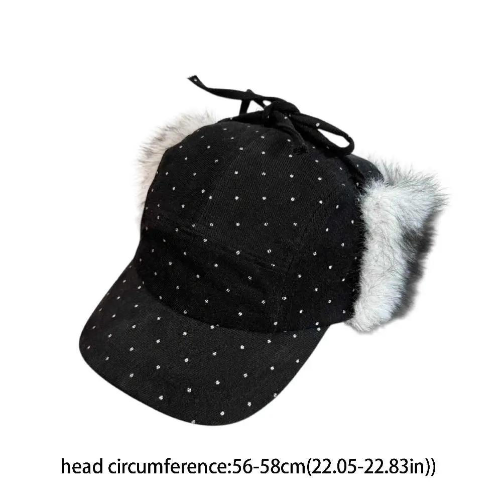 Modna, ciepła, pluszowa czapka bejsbolówka z uszami misia, urocza czapka chroniąca przed uszami, wełniana czapka retro w grochy Lei Feng na jesień.