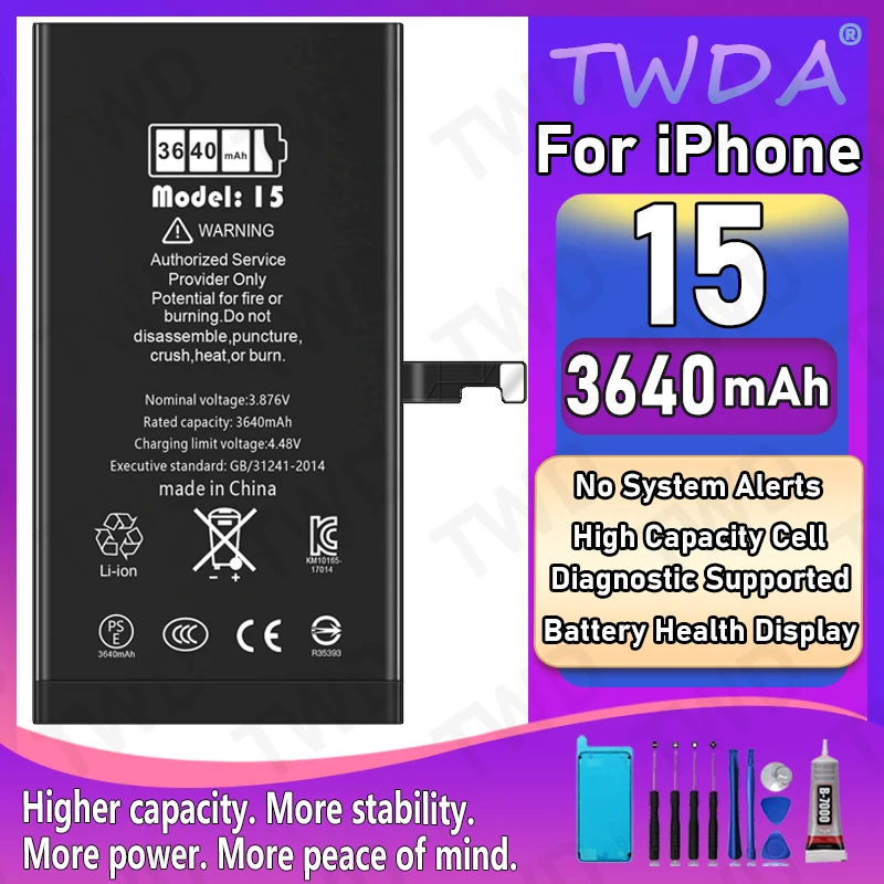 

Diagnostic Battery 3640mAh show genuine part no pop up message For iPhone 15 New High Quanlity replacment+Free Tools