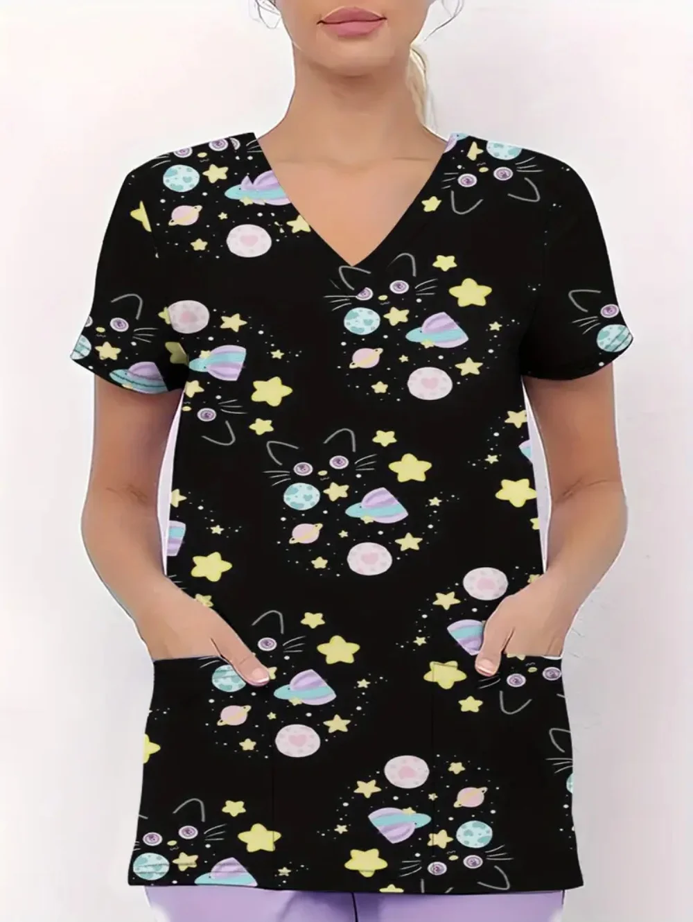 Cute Dog Pattern Surgical Uniforms Woman Dentistry Short Sleeve Tops Fashion V-Neck Nursing Comfortable Clinical Uniform Woman