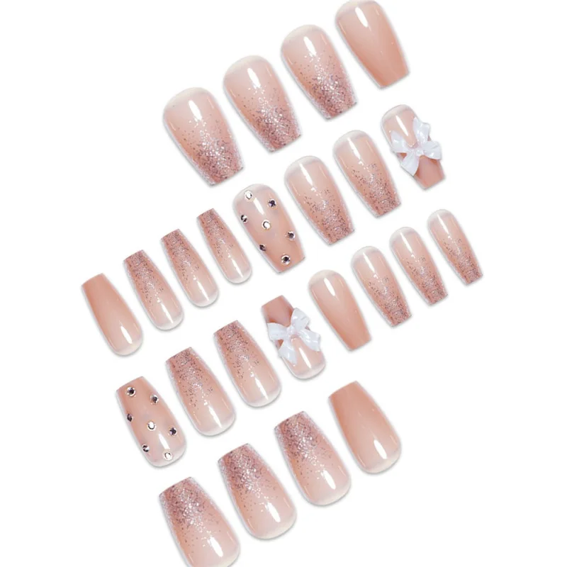 24個入り グリッタースパンコール フレンチミディアムコフィン型つけ爪 3Dリボン シンプルフェイクネイル 女性用 スイートホワイトネイル 付け爪