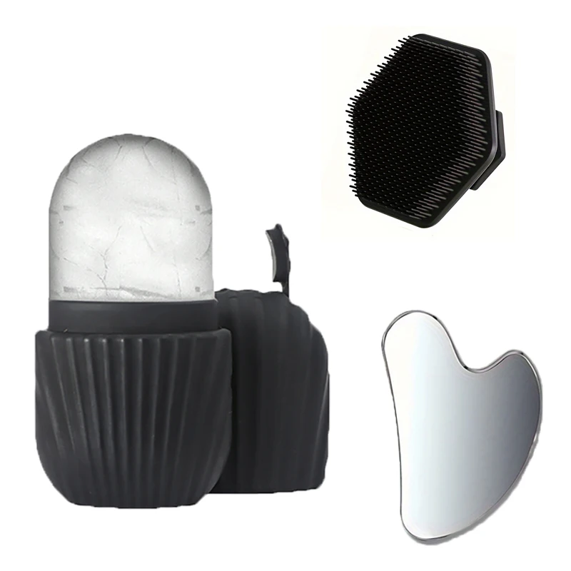 3PCS Facial Cleansing Tool Set, Stainless Steel Heart-Shaped Gua Sha Board, Ice Roller, Silicone Facial Brush
