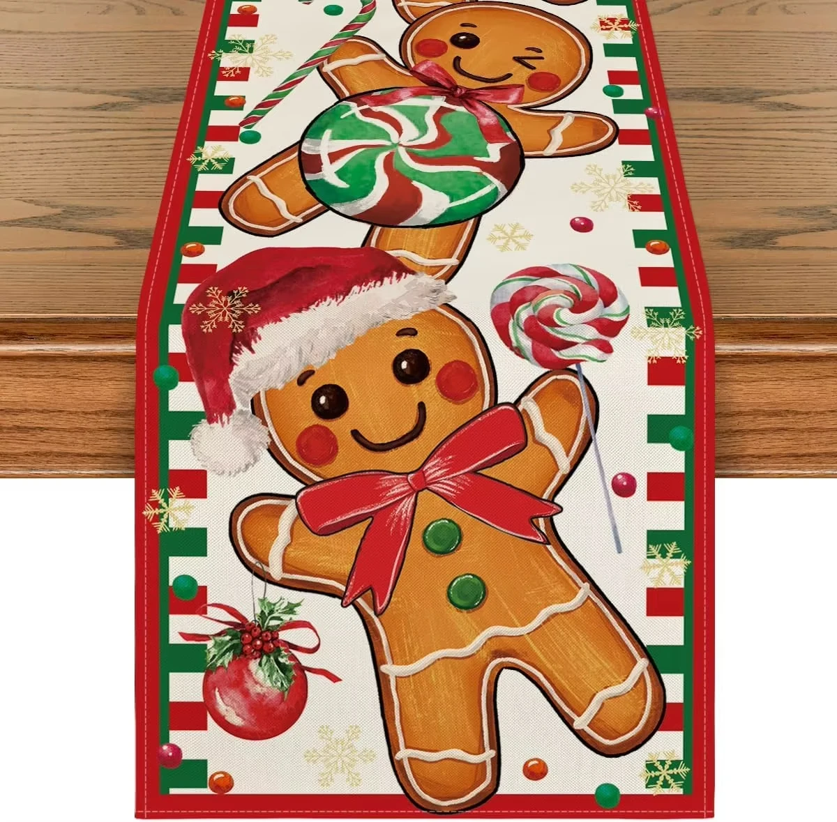 Gingerbread Candy Cane Table Runner, Christmas Linen Table Decor for Kitchen Dining Room Winter Party Seasonal Decoration