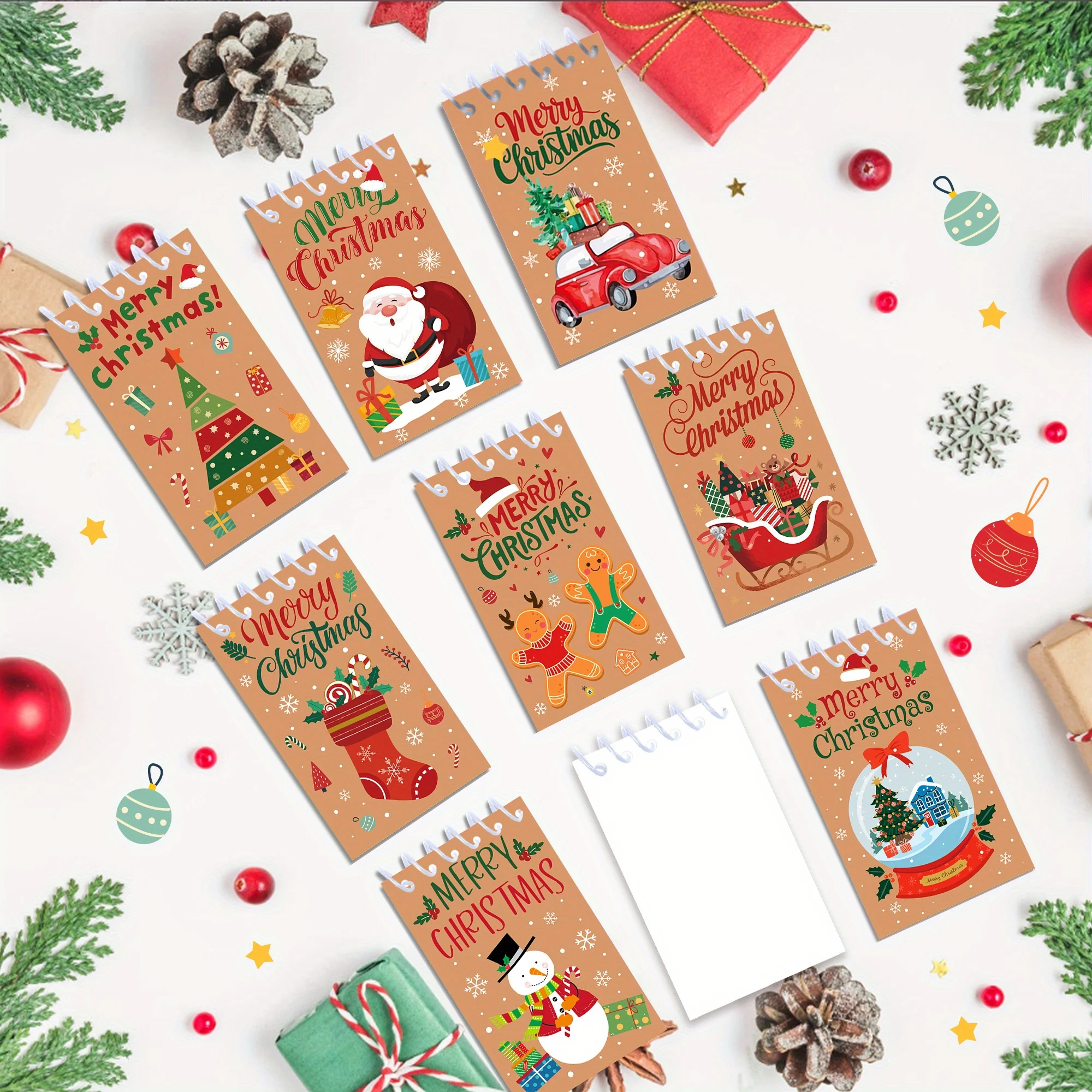 8pcs 2D Christmas Pocket Notebooks Set Mini Spiral Journals Santa Claus Gingerbread Man Stocking Designs Christmas Party Favors