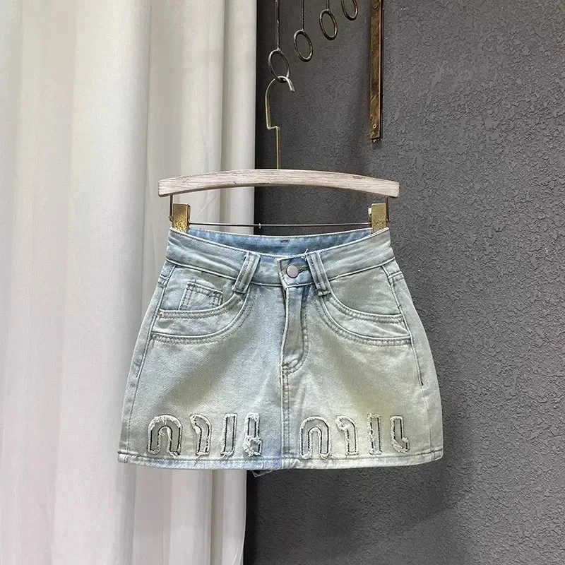 

Casual Retro Embroidered Washed Denim Mini Skirt High Waist A- Line Half Skirt New 2025 Korean Style Ins Half Skirt