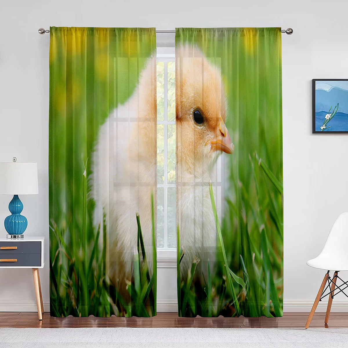 

Cute Chick on The Grass Chiffon Sheer Curtains for Living Room Bedroom Home Decoration Animal Transparent Voiles Tulle Curtain