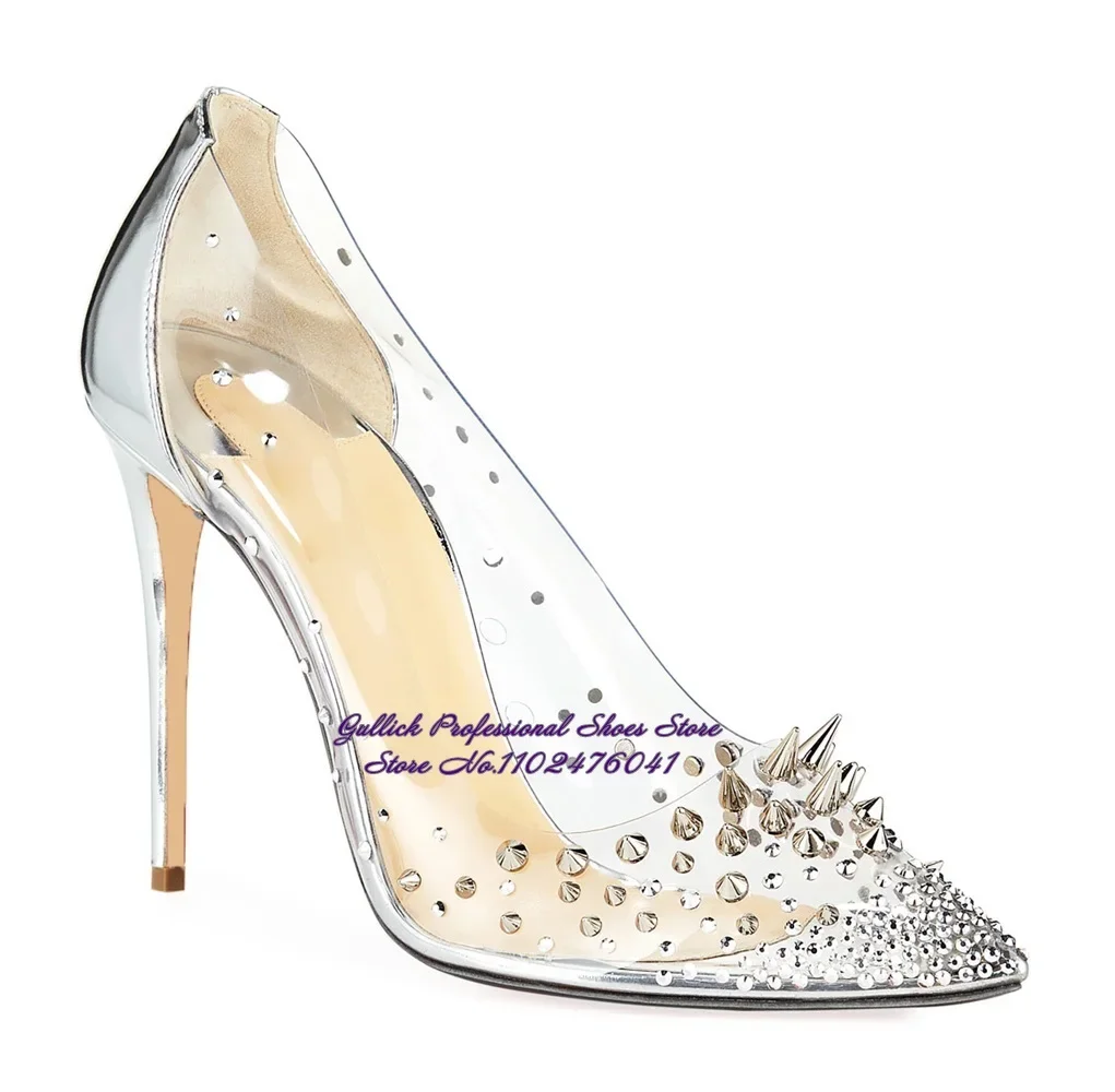 

Women Clear PVC Bling Bling Crystal Wedding Shoes Metallic Rivets Embellished Dress Pumps Silver Patent Leather Stiletto Heels