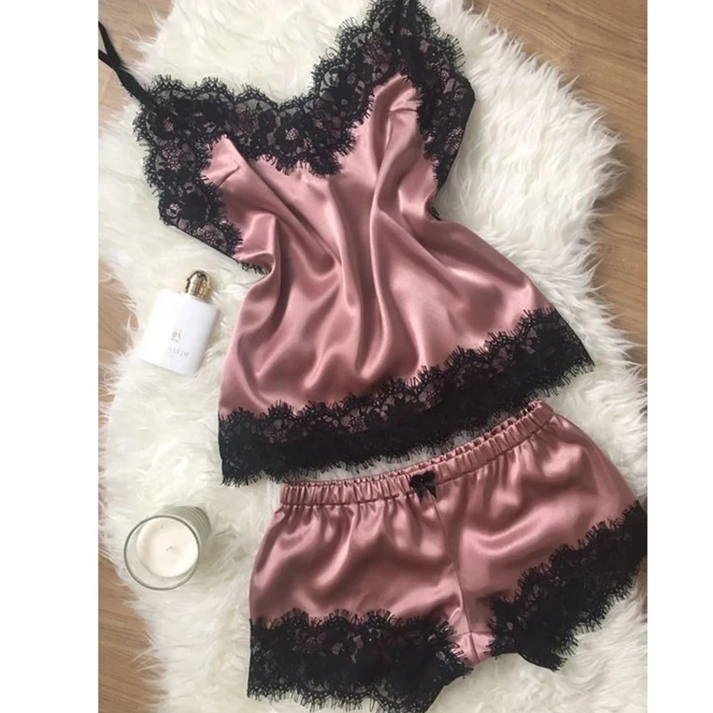 Women Pajama Suit Fashion V-Neck Stretch Satin Babydoll Lace Sexy Lingerie Bowknot Pyjamas Sleep Shorts Set Sleepwear New