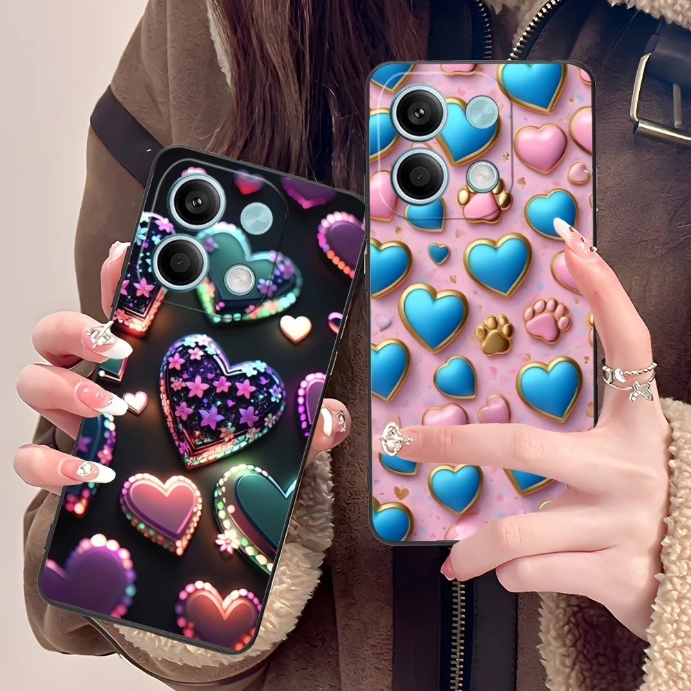 Y2K Glowing Love Hearts Mobile Phone Case for Xiaomi POCO M6 M5 M4 M3 X6 X5 X4 X3 F6 F5 F4 F3 F2 C40 Pro GT 5G Black Cover Shell